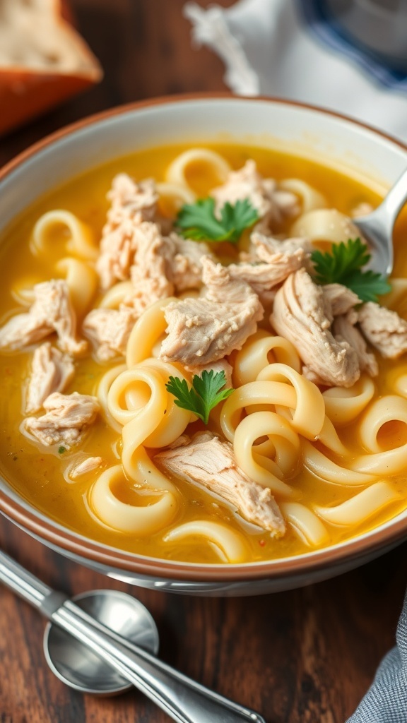 A bowl of chicken and noodles with shredded chicken and egg noodles in broth, garnished with parsley.